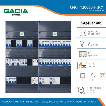 GACIA G46i-430626-FBC1, 3-fase groepenkast 40A met installatieautomaten, 13-groepen, fornuisgroep, beltrafo, 1V-contactdoos, details