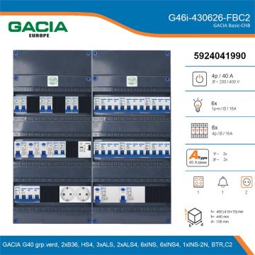 GACIA G46i-430626-FBC2, 3-fase groepenkast 40A met installatieautomaten, 13-groepen, fornuisgroep, beltrafo, 2V-contactdoos, details