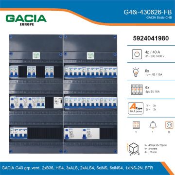 GACIA G46i-430626-FB, 3-fase groepenkast 40A met installatieautomaten, 13-groepen, fornuisgroep, beltrafo, details