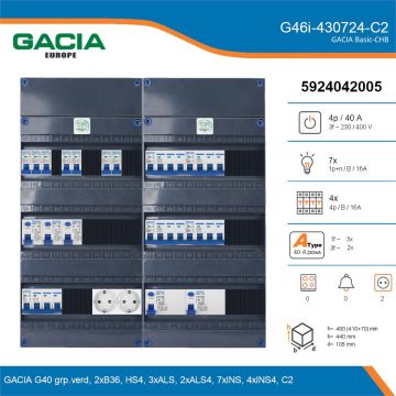 GACIA G46i-430724-C2, 3-fase groepenkast 40A met installatieautomaten, 11-groepen, 2V-contactdoos, details