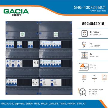GACIA G46i-430724-BC1, 3-fase groepenkast 40A met installatieautomaten, 11-groepen, beltrafo, 1V-contactdoos, details