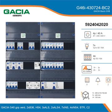 GACIA G46i-430724-BC2, 3-fase groepenkast 40A met installatieautomaten, 11-groepen, beltrafo, 2V-contactdoos, details