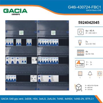 GACIA G46i-430724-FBC1, 3-fase groepenkast 40A met installatieautomaten, 12-groepen, fornuisgroep, beltrafo, 1V-contactdoos, details