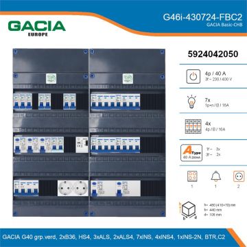 GACIA G46i-430724-FBC2, 3-fase groepenkast 40A met installatieautomaten, 12-groepen, fornuisgroep, beltrafo, 2V-contactdoos, details