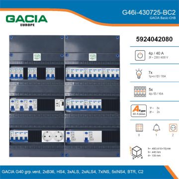 GACIA G46i-430725-BC2, 3-fase groepenkast 40A met installatieautomaten, 12-groepen, beltrafo, 2V-contactdoos, details