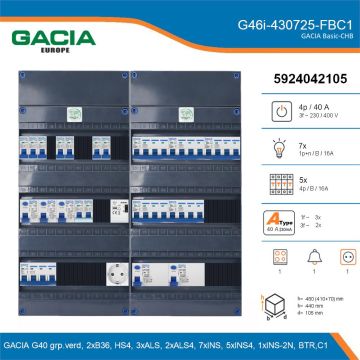 GACIA G46i-430725-FBC1, 3-fase groepenkast 40A met installatieautomaten, 13-groepen, fornuisgroep, beltrafo, 1V-contactdoos, details