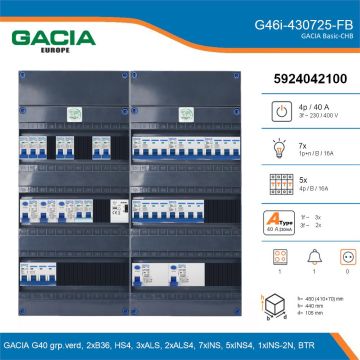 GACIA G46i-430725-FB, 3-fase groepenkast 40A met installatieautomaten, 13-groepen, fornuisgroep, beltrafo, details