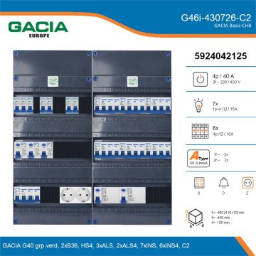 GACIA G46i-430726-C2, 3-fase groepenkast 40A met installatieautomaten, 13-groepen, 2V-contactdoos, details