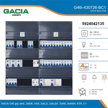 GACIA G46i-430726-BC1, 3-fase groepenkast 40A met installatieautomaten, 13-groepen, beltrafo, 1V-contactdoos, details