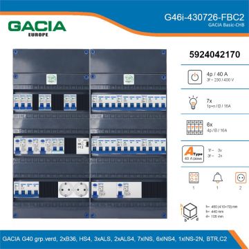 GACIA G46i-430726-FBC2, 3-fase groepenkast 40A met installatieautomaten, 14-groepen, fornuisgroep, beltrafo, 2V-contactdoos, details