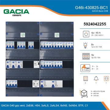 GACIA G46i-430825-BC1, 3-fase groepenkast 40A met installatieautomaten, 13-groepen, beltrafo, 1V-contactdoos, details