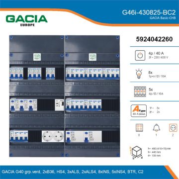 GACIA G46i-430825-BC2, 3-fase groepenkast 40A met installatieautomaten, 13-groepen, beltrafo, 2V-contactdoos, details