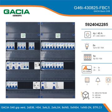 GACIA G46i-430825-FBC1, 3-fase groepenkast 40A met installatieautomaten, 14-groepen, fornuisgroep, beltrafo, 1V-contactdoos, details