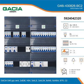 GACIA G46i-430826-BC2, 3-fase groepenkast 40A met installatieautomaten, 14-groepen, beltrafo, 2V-contactdoos, details