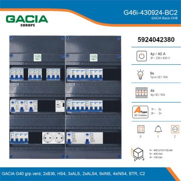 GACIA G46i-430924-BC2, 3-fase groepenkast 40A met installatieautomaten, 13-groepen, beltrafo, 2V-contactdoos, details