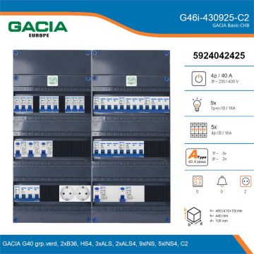 GACIA G46i-430925-C2, 3-fase groepenkast 40A met installatieautomaten, 14-groepen, 2V-contactdoos, details