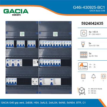 GACIA G46i-430925-BC1, 3-fase groepenkast 40A met installatieautomaten, 14-groepen, beltrafo, 1V-contactdoos, details