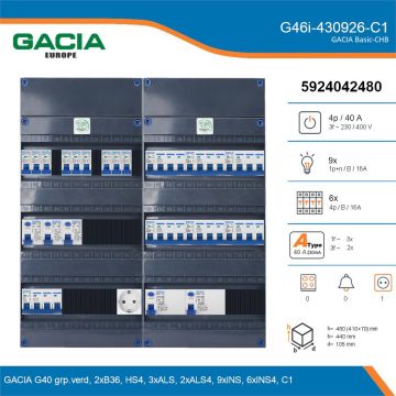 GACIA G46i-430926-C1, 3-fase groepenkast 40A met installatieautomaten, 15-groepen, 1V-contactdoos, details
