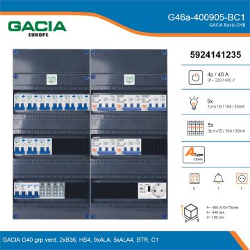 GACIA G46a-400905-BC1, 3-fase groepenkast 40A met aardlekautomaten, 14-groepen, beltrafo, 1V-contactdoos, details