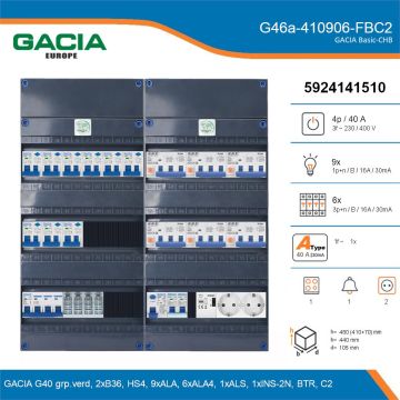 GACIA G46a-410906-FBC2, 3-fase groepenkast 40A met aardlekautomaten, 16-groepen, fornuisgroep, beltrafo, 2V-contactdoos, details