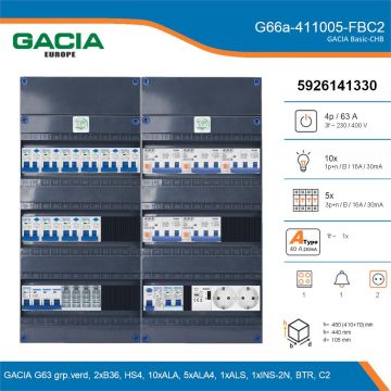GACIA G66a-411005-FBC2, 3-fase groepenkast 63A met aardlekautomaten, 16-groepen, fornuisgroep, beltrafo, 2V-contactdoos, details