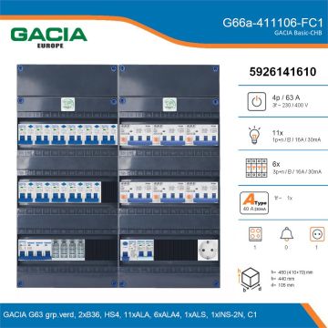 GACIA G66a-411106-FC1, 3-fase groepenkast 63A met aardlekautomaten, 18-groepen, fornuisgroep, 1V-contactdoos, details
