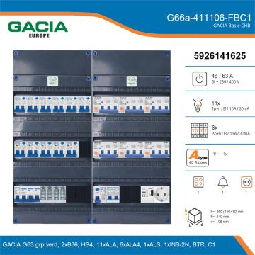 GACIA G66a-411106-FBC1, 3-fase groepenkast 63A met aardlekautomaten, 18-groepen, fornuisgroep, beltrafo, 1V-contactdoos, details