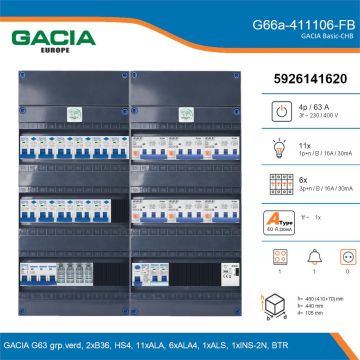 GACIA G66a-411106-FB, 3-fase groepenkast 63A met aardlekautomaten, 18-groepen, fornuisgroep, beltrafo, details