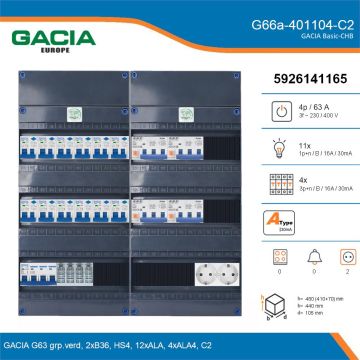 GACIA G66a-401104-C2, 3-fase groepenkast 63A met aardlekautomaten, 15-groepen, 2V-contactdoos, details