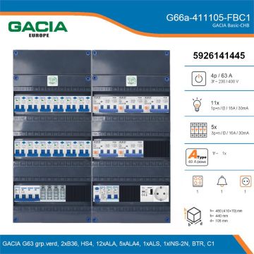 GACIA G66a-411105-FBC1, 3-fase groepenkast 63A met aardlekautomaten, 17-groepen, fornuisgroep, beltrafo, 1V-contactdoos, details