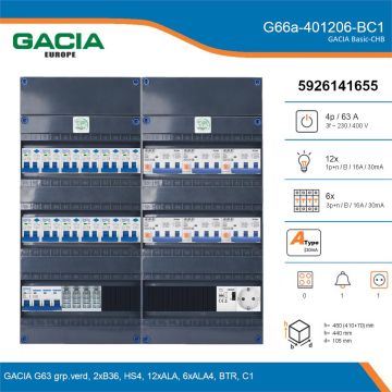 GACIA G66a-401206-BC1, 3-fase groepenkast 63A met aardlekautomaten, 18-groepen, beltrafo, 1V-contactdoos, details