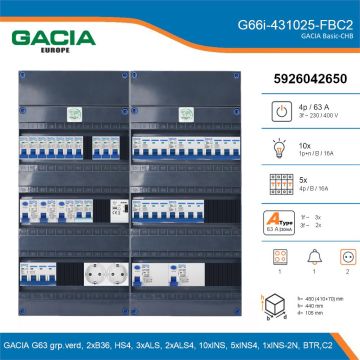 GACIA G66i-431025-FBC2, 3-fase groepenkast 63A met installatieautomaten, 16-groepen, fornuisgroep, beltrafo, 2V-contactdoos, details
