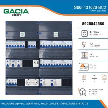 GACIA G66i-431026-BC2, 3-fase groepenkast 63A met installatieautomaten, 16-groepen, beltrafo, 2V-contactdoos, details