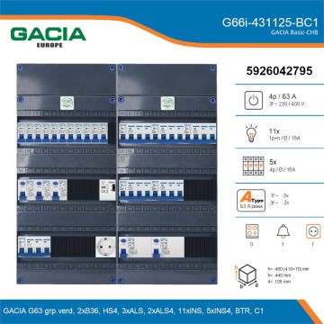 GACIA G66i-431125-BC1, 3-fase groepenkast 63A met installatieautomaten, 16-groepen, beltrafo, 1V-contactdoos, details