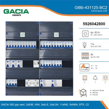 GACIA G66i-431125-BC2, 3-fase groepenkast 63A met installatieautomaten, 16-groepen, beltrafo, 2V-contactdoos, details