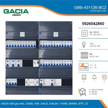 GACIA G66i-431126-BC2, 3-fase groepenkast 63A met installatieautomaten, 17-groepen, beltrafo, 2V-contactdoos, details