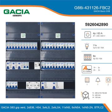 GACIA G66i-431126-FBC2, 3-fase groepenkast 63A met installatieautomaten, 18-groepen, fornuisgroep, beltrafo, 2V-contactdoos, details