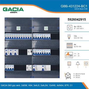 GACIA G66i-431224-BC1, 3-fase groepenkast 63A met installatieautomaten, 16-groepen, beltrafo, 1V-contactdoos, details