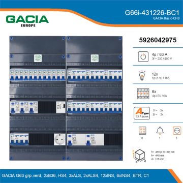 GACIA G66i-431226-BC1, 3-fase groepenkast 63A met installatieautomaten, 18-groepen, beltrafo, 1V-contactdoos, details