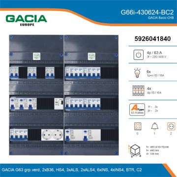 GACIA G66i-430624-BC2, 3-fase groepenkast 63A met installatieautomaten, 10-groepen, beltrafo, 2V-contactdoos, details