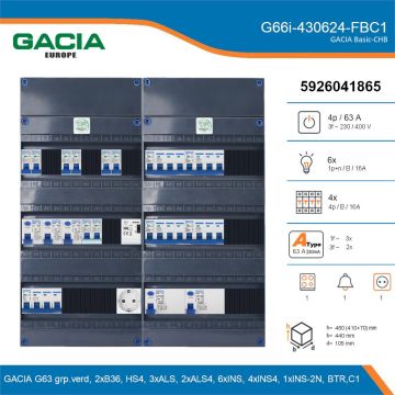 GACIA G66i-430624-FBC1, 3-fase groepenkast 63A met installatieautomaten, 11-groepen, fornuisgroep, beltrafo, 1V-contactdoos, details