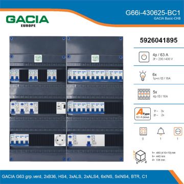 GACIA G66i-430625-BC1, 3-fase groepenkast 63A met installatieautomaten, 11-groepen, beltrafo, 1V-contactdoos, details