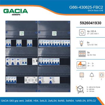 GACIA G66i-430625-FBC2, 3-fase groepenkast 63A met installatieautomaten, 12-groepen, fornuisgroep, beltrafo, 2V-contactdoos, details