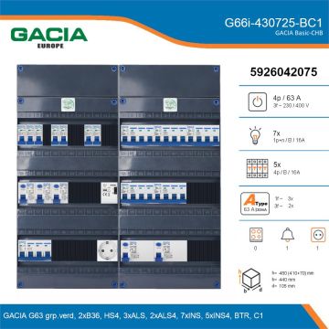 GACIA G66i-430725-BC1, 3-fase groepenkast 63A met installatieautomaten, 12-groepen, beltrafo, 1V-contactdoos, details