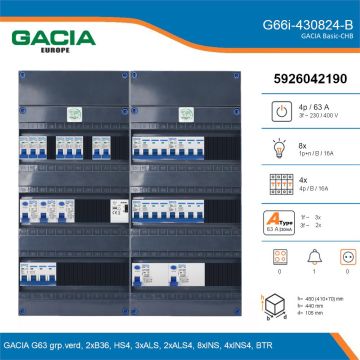 GACIA G66i-430824-B, 3-fase groepenkast 63A met installatieautomaten, 12-groepen, beltrafo, details