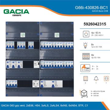GACIA G66i-430826-BC1, 3-fase groepenkast 63A met installatieautomaten, 14-groepen, beltrafo, 1V-contactdoos, details