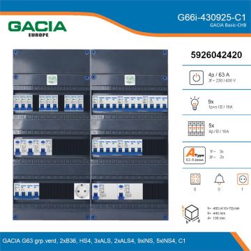 GACIA G66i-430925-C1, 3-fase groepenkast 63A met installatieautomaten, 14-groepen, 1V-contactdoos, details