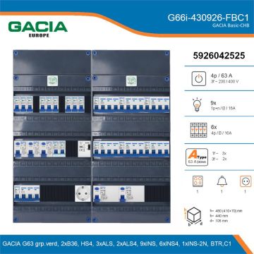 GACIA G66i-430926-FBC1, 3-fase groepenkast 63A met installatieautomaten, 16-groepen, fornuisgroep, beltrafo, 1V-contactdoos, details