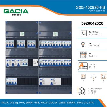 GACIA G66i-430926-FB, 3-fase groepenkast 63A met installatieautomaten, 16-groepen, fornuisgroep, beltrafo, details