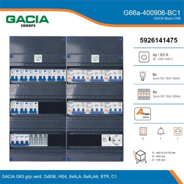 GACIA G66a-400906-BC1, 3-fase groepenkast 63A met aardlekautomaten, 15-groepen, beltrafo, 1V-contactdoos, details